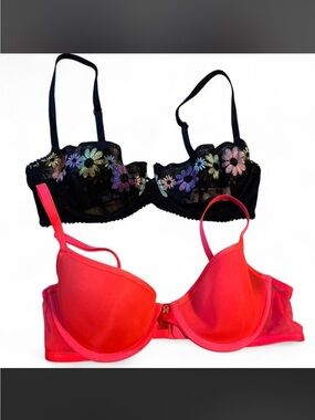 Black Floral Embroidered Balconette Bra & Pink T-Shirt Bra Set